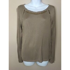 Mochini Women Taupe Neckline Detail Zip Design Ribbed Long sleeve Sweater Size L